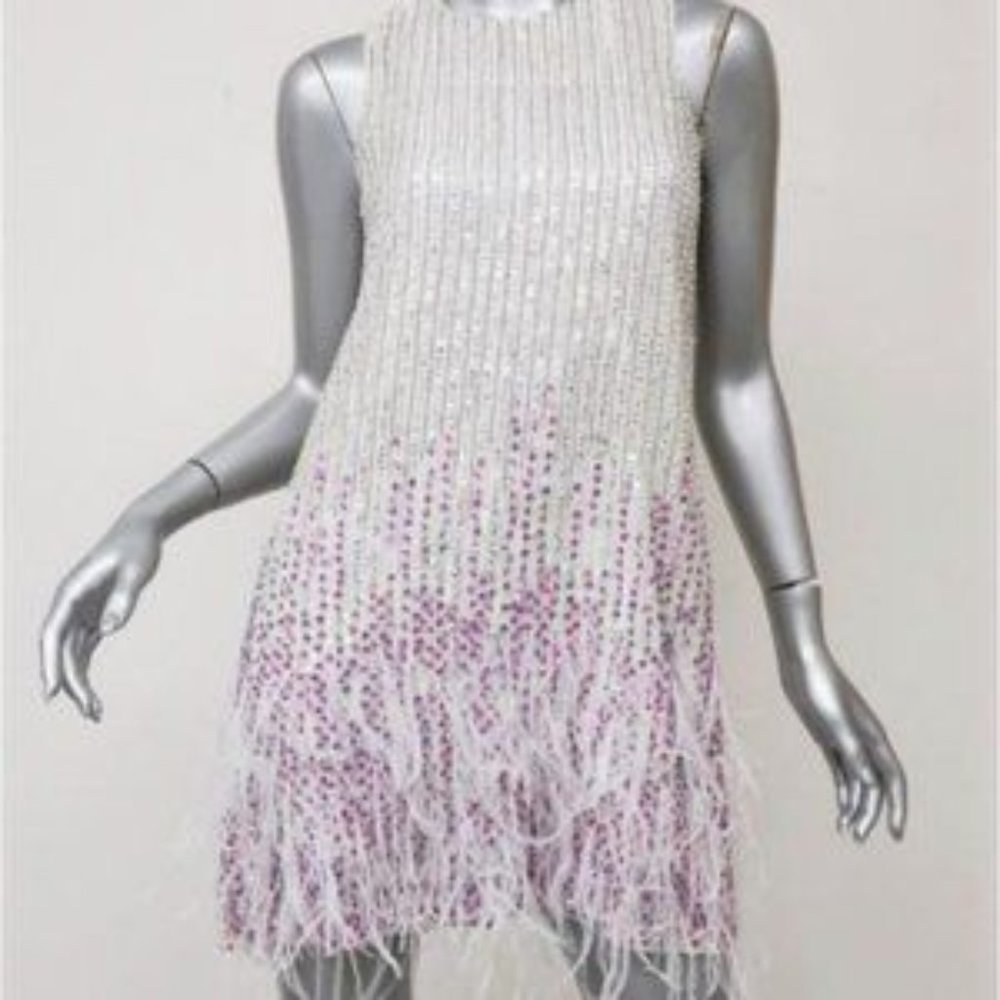 Parker Allegra Embellished TRAPEZE  DRESS WITH FEATHER TRIM White size XS